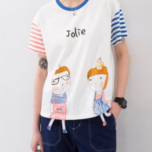 Cartoon Paneled Stripes Short Sleeve Cotton T-Shirt