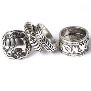 Carved Totem Antique Silver Elephant Leaf Rings