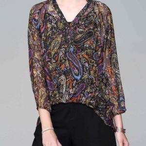 Casual 3/4 Sleeve Abstract Printed High Low Silk Blouse With Camis