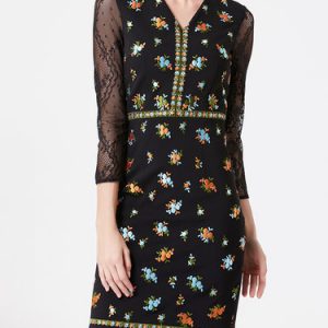 Casual 3/4 Sleeve Floral-embroidered Sheath Mini Dress