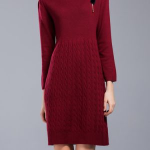 Casual 3/4 Sleeve Shift Stand Collar Knitted Sweater Dress