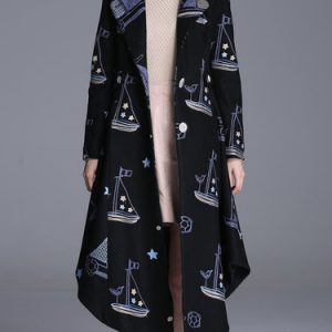 Casual A-line Lapel Plain Embroidered Long Sleeve Coat