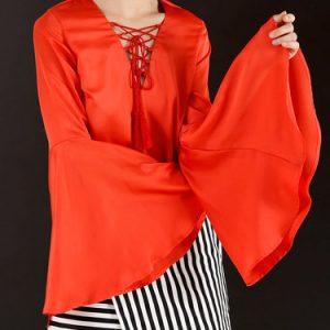 Casual Bandage Long Sleeve V Neck Blouse