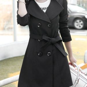 Casual Buttoned Solid Long Sleeve Lapel Trench Coat with Belt