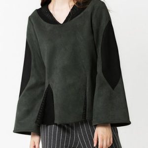 Casual Color-block Suede Long Sleeved Top