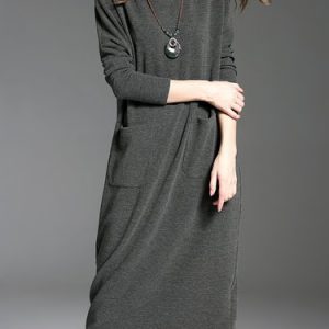 Casual Cotton Pockets Long Sleeve Midi Dress