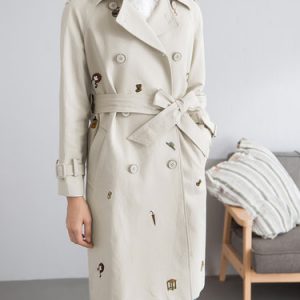 Casual Embroidered Trench Coat with Belt