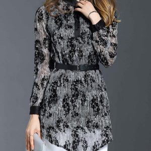 Casual Flocking Chiffon Long Sleeve Stand Collar Tunic with Belt