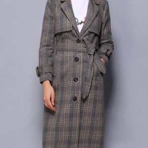 Casual H-line Checkered/Plaid Buttoned Coat with Belt