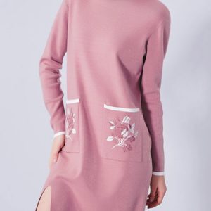 Casual H-line Long Sleeve Embroidered Slit Mini Dress