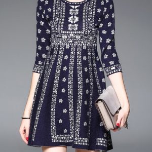 Casual Jacquard A-line 3/4 Sleeve Midi Dress