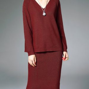 Casual Knitted Long Sleeve Two Piece Midi Dress