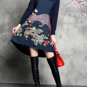 Casual Knitted Paneled Crew Neck Embroidery A-line Long Sleeve Midi Dress