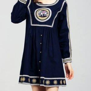 Casual Long Sleeve Cotton Embroidered Mini Dress