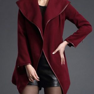 Casual Long Sleeve Lapel Plain Asymmetric Coat