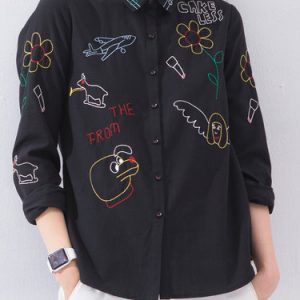 Casual Long Sleeve V Neck Embroidered Blouse