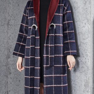 Casual Long Sleeve Wool Blend Checkered/Plaid Coat with Belt