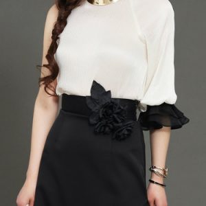 Casual One-shoulder Washed Frill Sleeve Plain Cropped Top