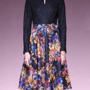 Casual Paneled Floral Print Crew Neck Long Sleeve Midi Dress