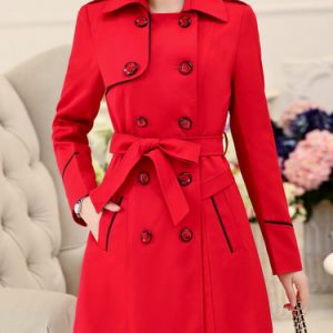 Casual Piping A-line Long Sleeve Solid Trench Coat with Belt