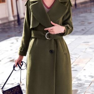 Casual Plain A-line Lapel Long Sleeve Coat with Belt