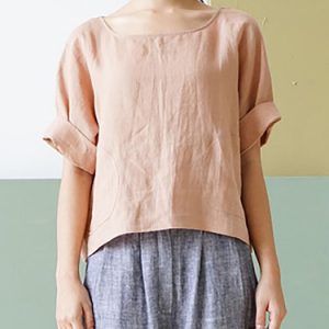 Casual Plain Crew Neck Linen Half Sleeve Short Sleeved Top