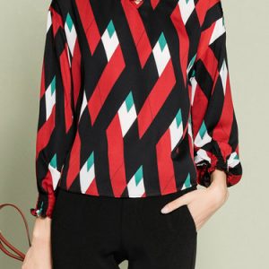 Casual Printed Balloon Sleeve Geometric Blouse