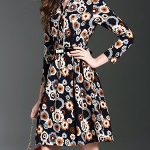 Casual Printed Stand Collar 3/4 Sleeve Midi Dress with Belt