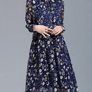 Casual Shirred Floral Long Sleeve Stand Collar Midi Dress