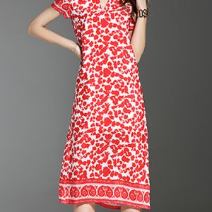 Casual Short Sleeve Floral-print H-line Silk Midi Dress