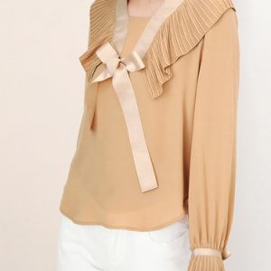 Casual Square Neck H-line Bow Long Sleeve Blouse