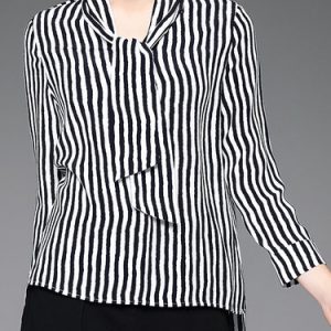 Casual Stand Collar Long Sleeve Stripe Blouse