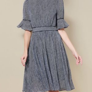 Casual Stripes Frill Sleeve Crew Neck A-line Midi Dress