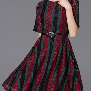 Casual Stripes Guipure Lace Midi Dress with Belt