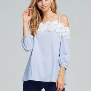 Casual Stripes Printed Rayon Cold Shoulder Blouse with Lace Applique