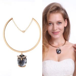 Casual Style Cute Crystal Owl Pendant Gold Alloy Collar Necklace