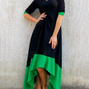 Casual V Neck High Low Half Sleeve Color-block Maxi Dress