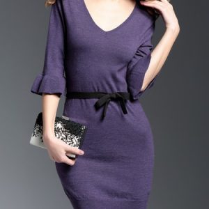 Casual Wool Frill Sleeve V Neck Sweater Dress with Belt