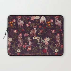 Cat and Floral Pattern Computer Cover by Burcu Korkmazyurek - Laptop Sleeve - 13"