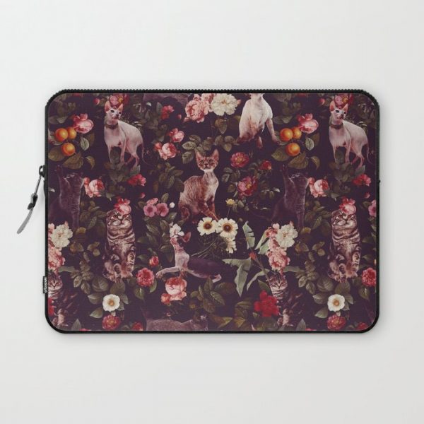 Cat and Floral Pattern Computer Cover by Burcu Korkmazyurek - Laptop Sleeve - 13"