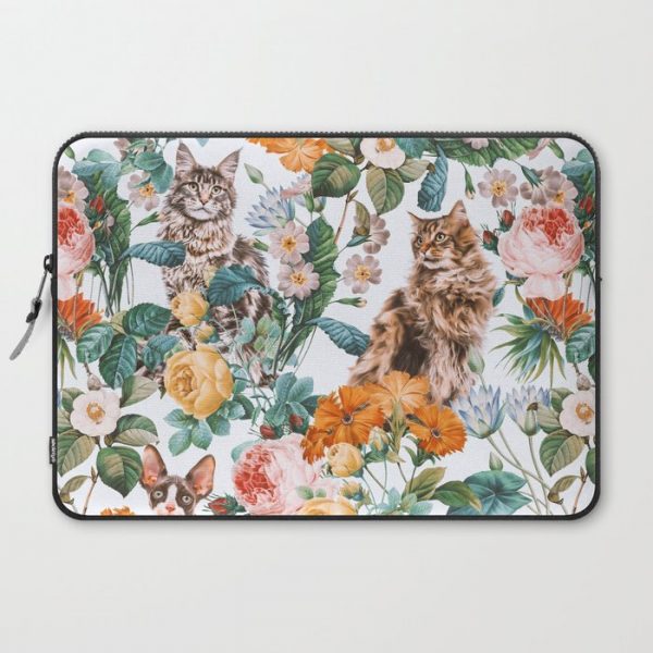 Cat and Floral Pattern III Computer Cover by Burcu Korkmazyurek - Laptop Sleeve - 15"