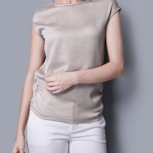 Champagne Silk-blend Bateau/boat Neck Simple Short Sleeved Top