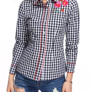 Checkered/Plaid Casual Shirt Collar Floral-embroidered Blouse