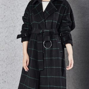 Checkered/Plaid Long Sleeve Casual Wool Blend H-line Coat with Belt