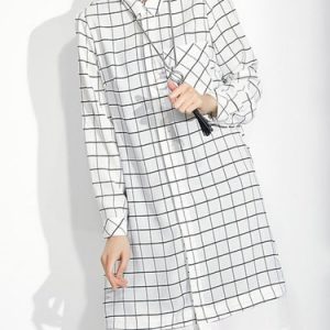 Chiffon Crew Neck Casual Long Sleeve Checkered/Plaid Midi Dress