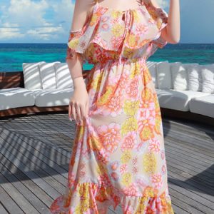 Chiffon Floral Girly Ruffled Cold Shoulder Midi Dress