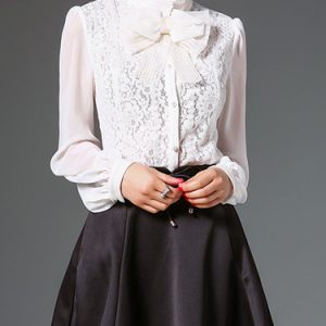 Chiffon Paneled Long Sleeve Stand Collar Lace Blouse