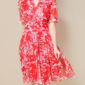 Chiffon Printed Short Sleeve A-line Midi Dress