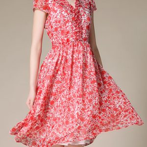 Chiffon Short Sleeve Casual V Neck A-line Printed Midi Dress