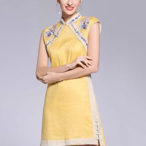 Chinese Qipao Dresses Cheongsam Yellow Embroidered A Line Short Women Halloween Costume